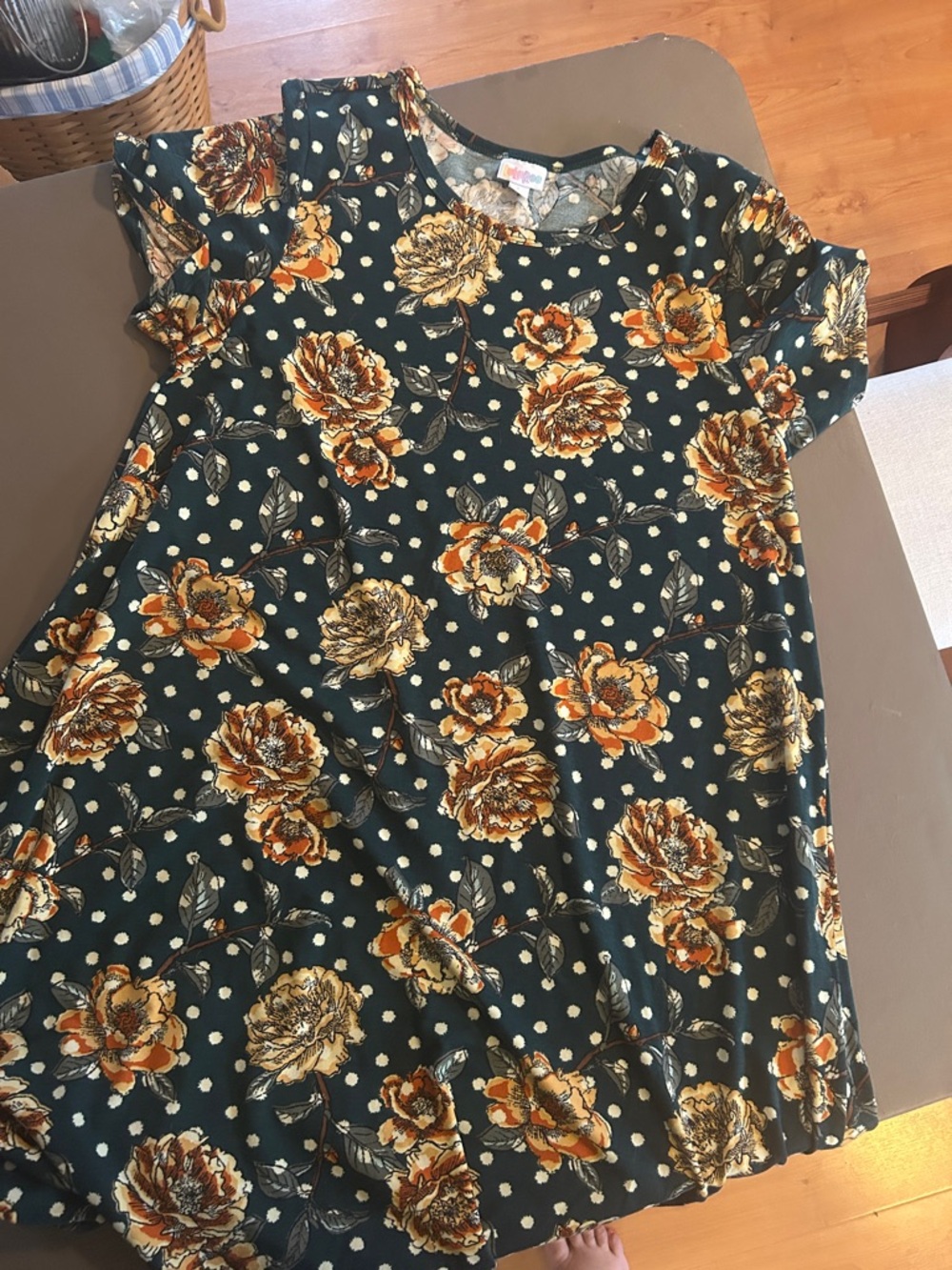 LuLaRoe Dark Green Dress with Mustard Floral and Ivory Dots - Carly